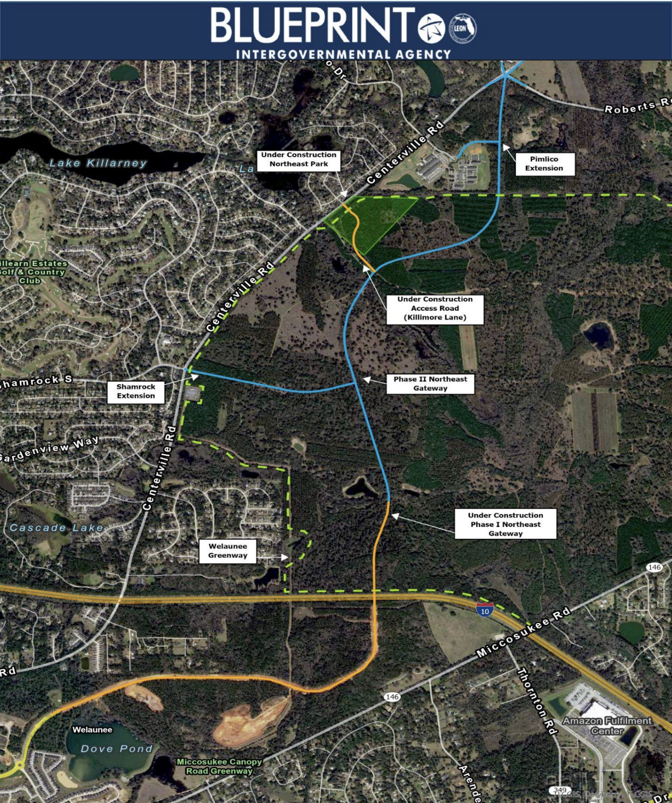 Blueprint map showing the planned Welaunee Boulevard corridor and surrounding road network in northeast Tallahassee.